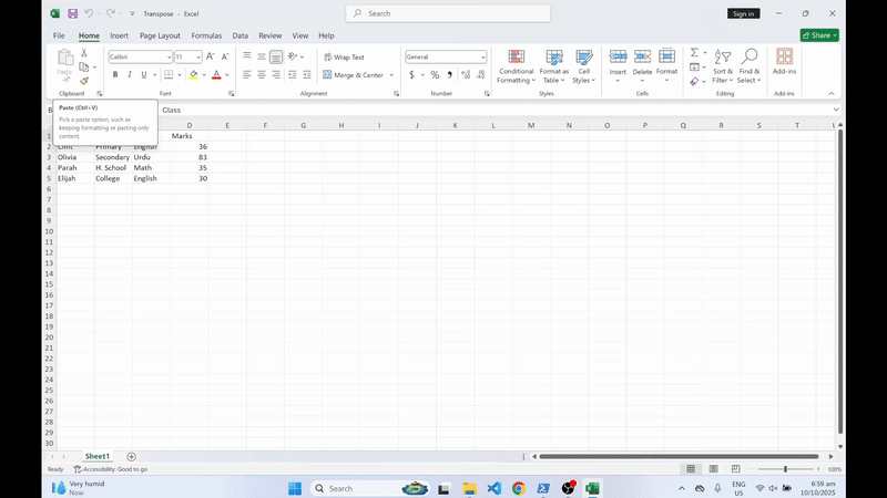Excel matrix transpose demo